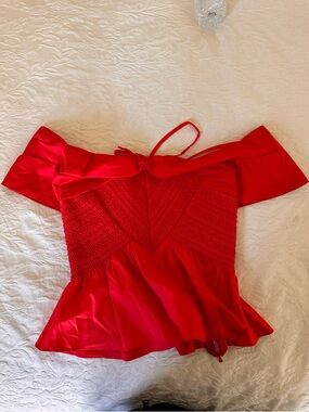 Tanya Taylor Red Off-Shoulder Smocked Peplum Top